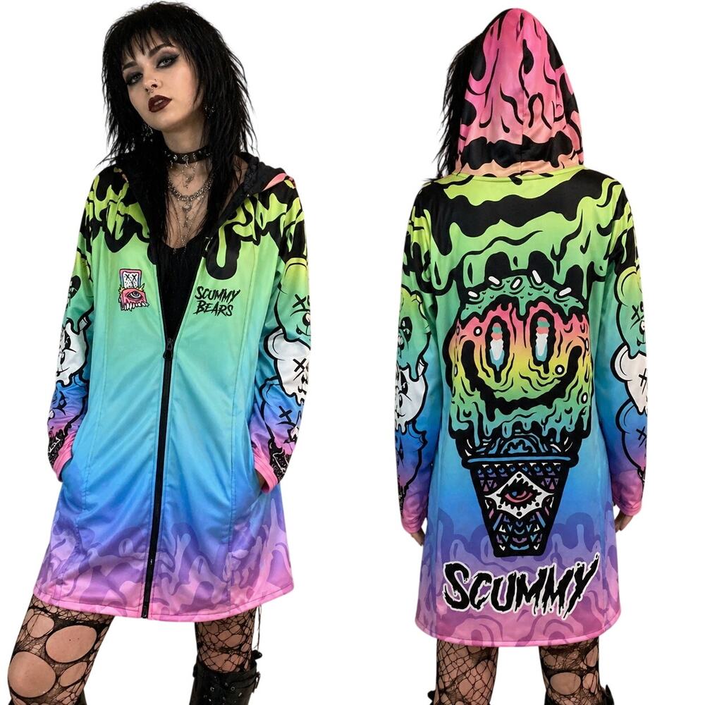 Scummy Bears Longline Hoodie Jacket XS Colorful Drip Graphic Streetwear EDC coat
